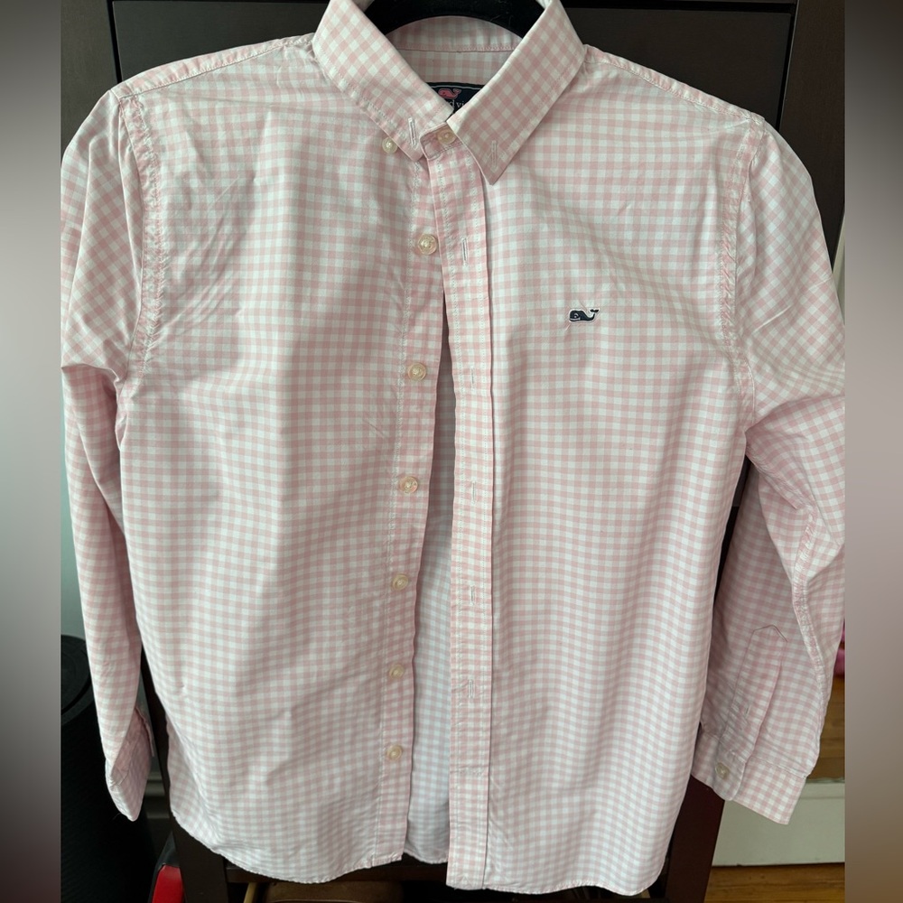 Vineyard vines boys pink white gingham button down shirt M 12-14